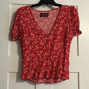 Reformation red short sleeve floral blouse, button up, size medium